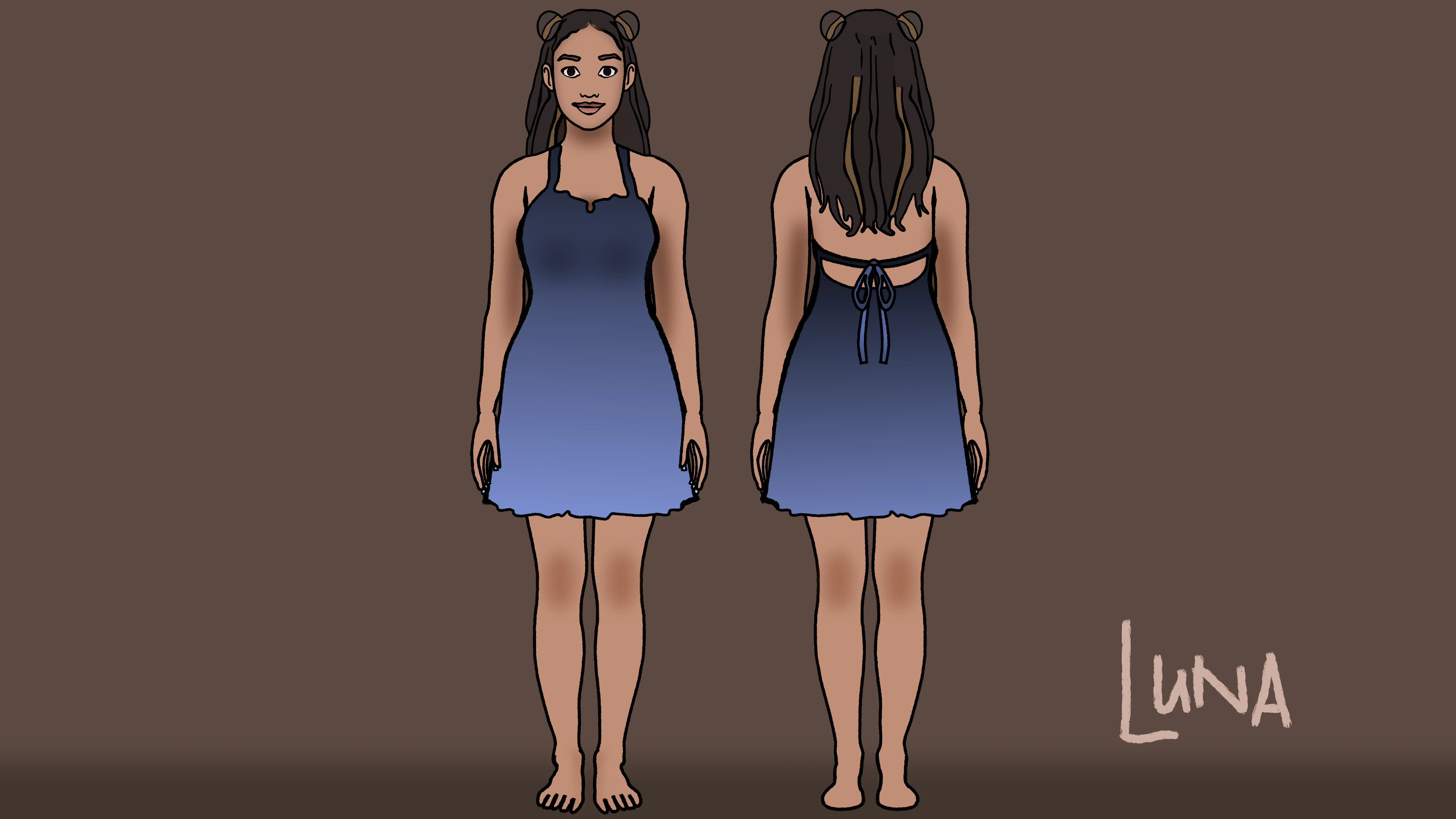 Luna Character Design - Front and Back Views